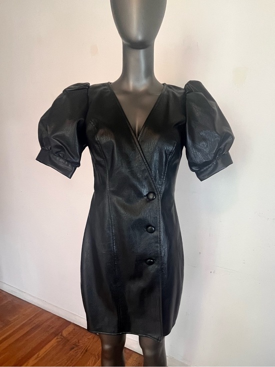 ASOS Dresses & Skirts - ASOS Black Faux Leather Puff-Sleeve Wrap Dress